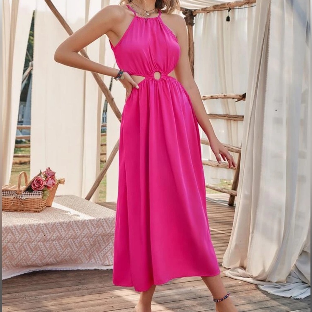 O-Ring Front Tie Back Halter Dress